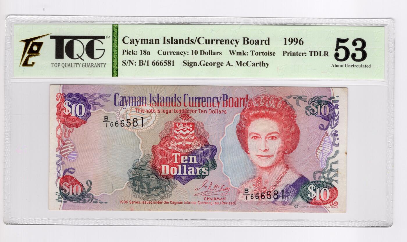 PThappally收藏第55次拍卖，英联邦地区硬币纸币 1996年 开曼群岛 10 元  签名为George A McCarthy, Pick: 18a, TQG 53 Choice About UNC