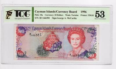 PThappally收藏第55次拍卖，英联邦地区硬币纸币 - 1996年 开曼群岛 10 元  签名为George A McCarthy, Pick: 18a, TQG 53 Choice About UNC