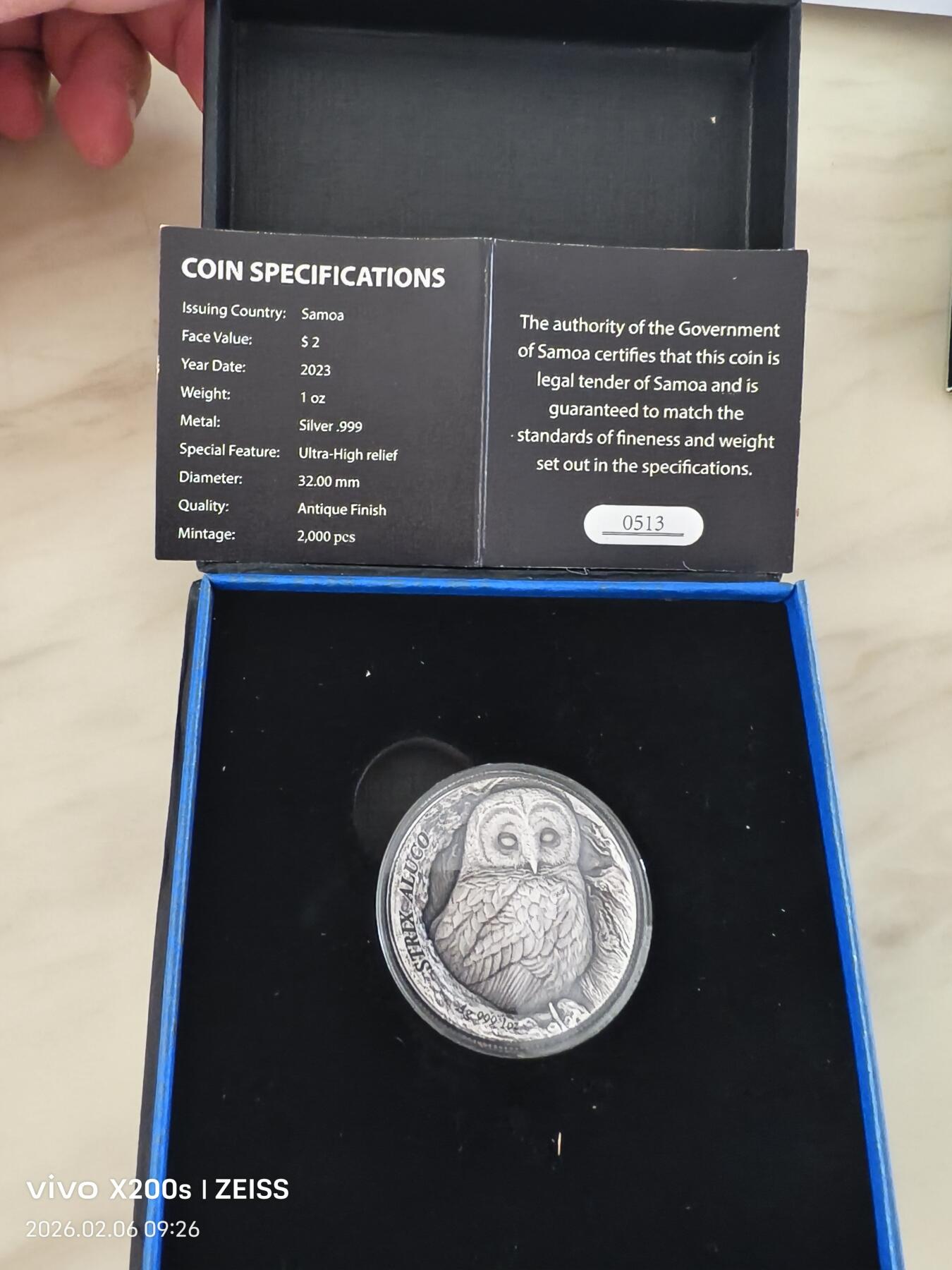 昊象达收藏银币拍卖第二场 2023萨摩亚1盎司999银树洞系列超高浮雕仿古纪念银币 2023-灰林鸮