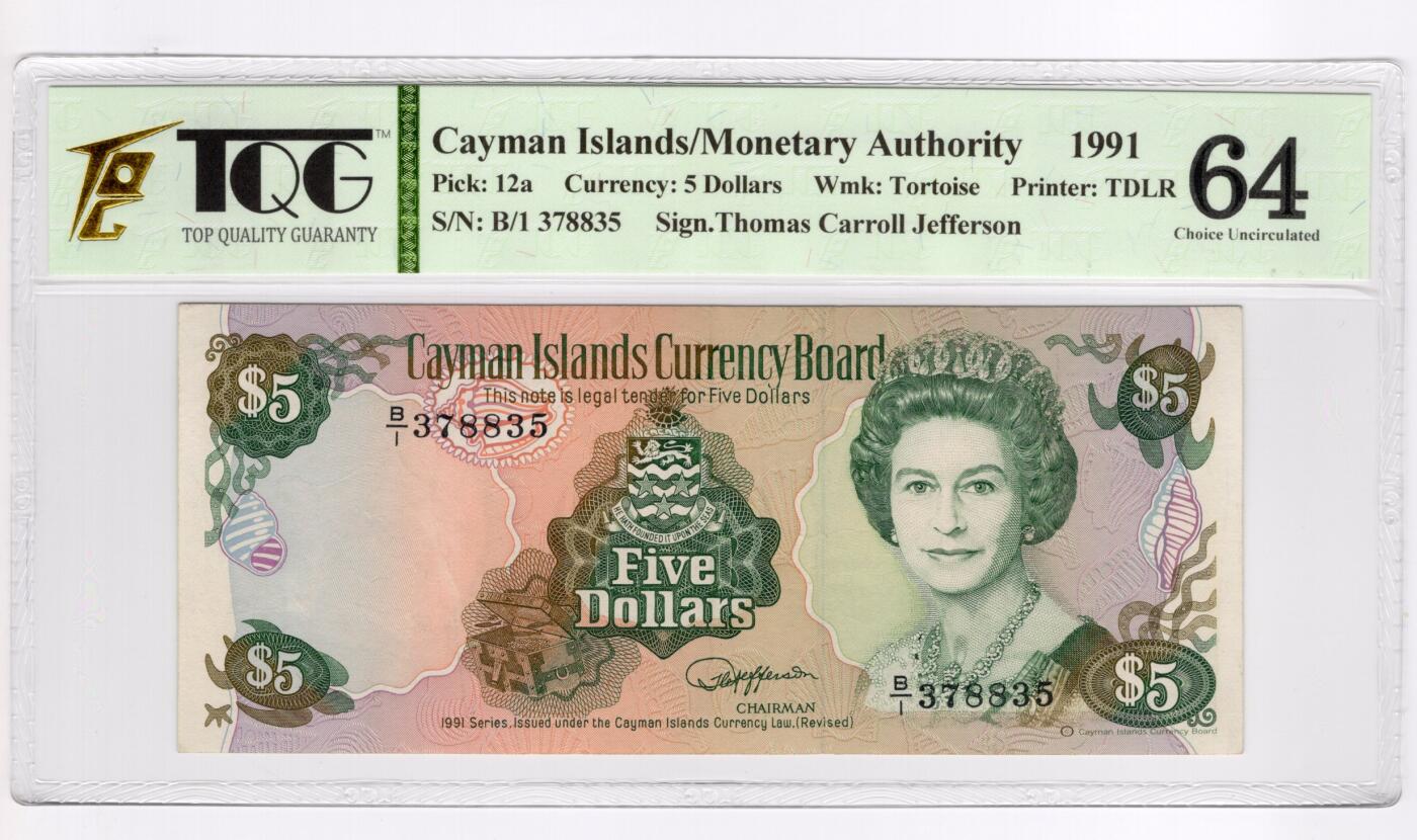 PThappally收藏第55次拍卖，英联邦地区硬币纸币 1991年 开曼群岛 5 元  签名为Thomas Carrol Jefferson, Pick: 12a, TQG 64 Choice  UNC