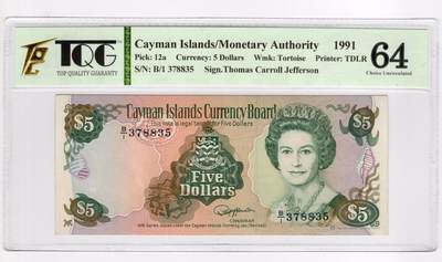 PThappally收藏第55次拍卖，英联邦地区硬币纸币 - 1991年 开曼群岛 5 元  签名为Thomas Carrol Jefferson, Pick: 12a, TQG 64 Choice  UNC