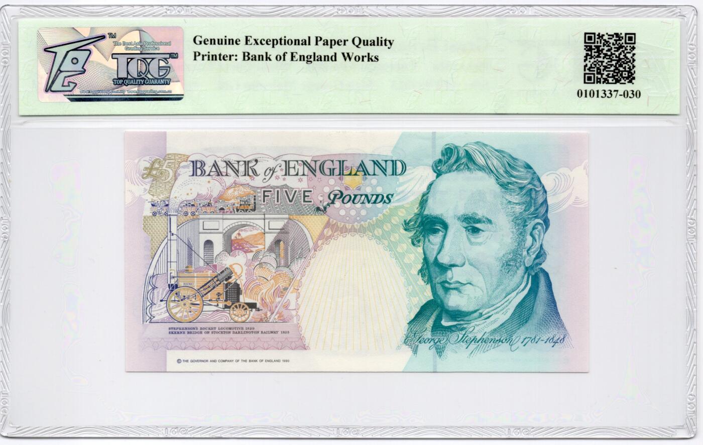 PThappally收藏第55次拍卖，英联邦地区硬币纸币 1990 英格兰银行 5 英镑  签名为G.M.Gill, Pick:382a,  TQG 67 GEPQ Superb Gem UNC