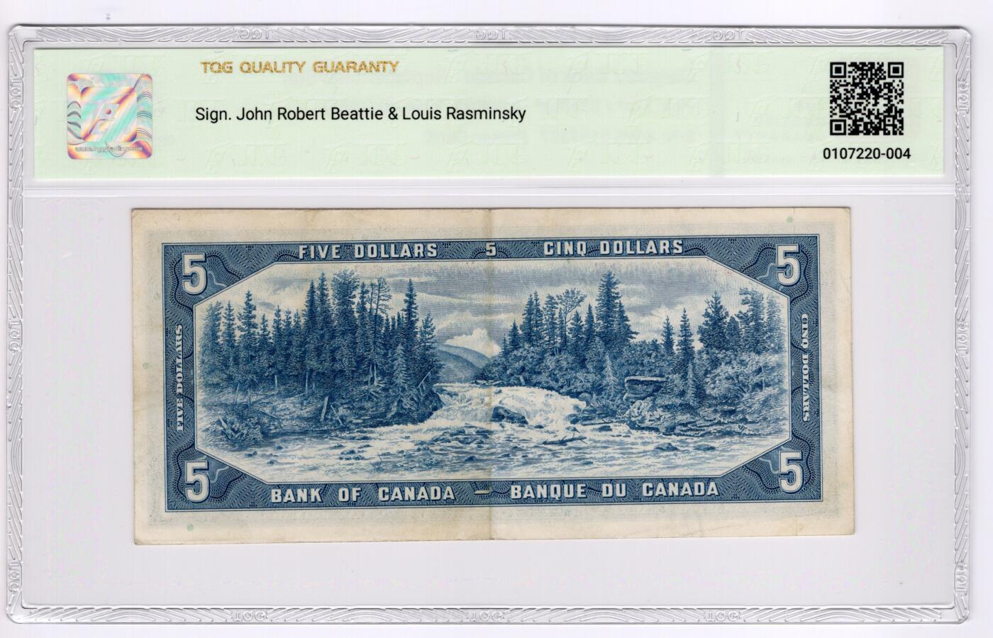 PThappally收藏第55次拍卖，英联邦地区硬币纸币 1961 加拿大 5 元 补号纸币/星号券  签名为John Robert Beattie &Louis Rasminsky, Pick: 77b* (Replacement Star) TQG 45 Choice Extremely Fine