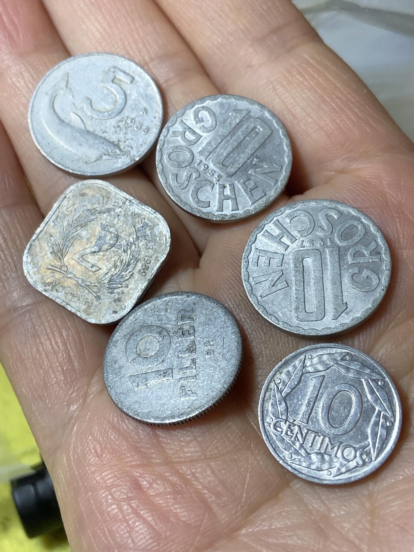 2026年第二十五场(总第一百九十四场）外国好品散币场(免佣金) 各国铝币6枚：意大利🇮🇹1953年5里拉，奥地利🇦🇹1955年57年10格罗申，西班牙🇪🇸1959年10分，匈牙利🇭🇺1950年10菲勒，东加勒比国家1989年2分