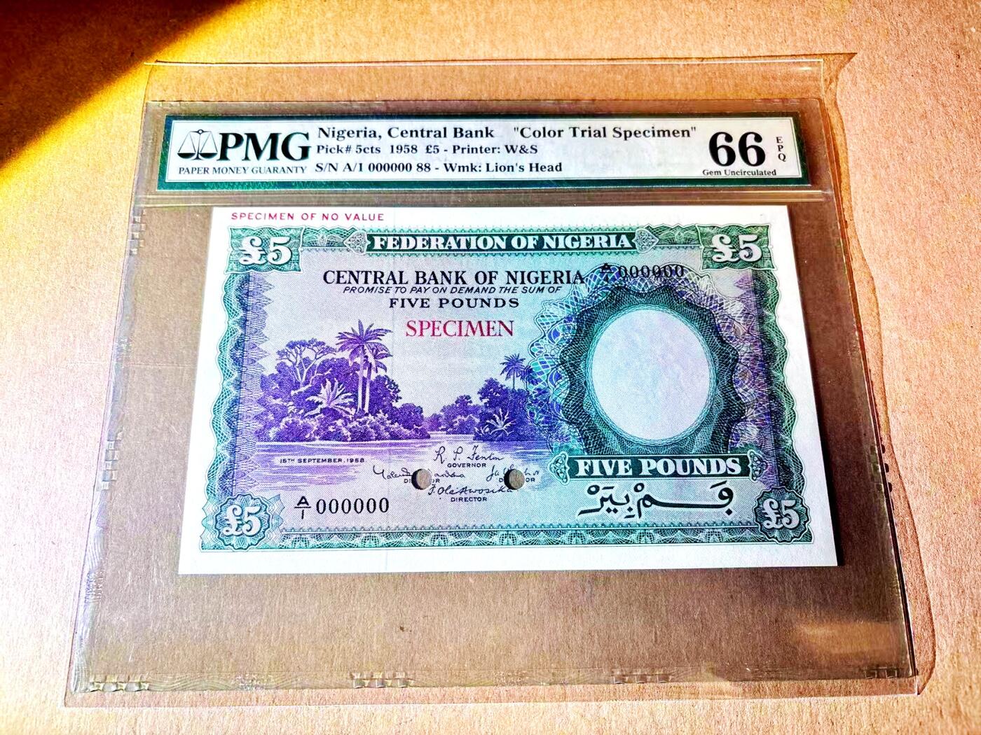 【Blue Auction】世界纸币精拍第787期——18级TOP拍卖/信誉/品质/专业/高效💫  【亚军分 第88号试色样钞 最高值】尼日利亚1958年5镑 尼日尔河河景与收割油棕果 雄狮水印 大票幅 纹理深邃 色调庄重 过渡自然 等值B序列5英镑 去年10月另一张拍出780美金 PMG66EPQ