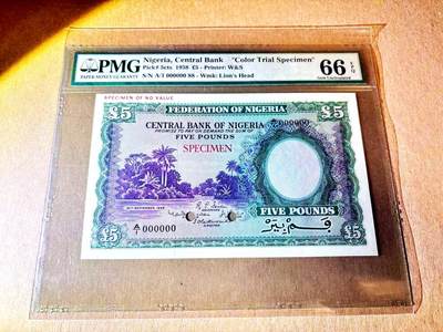 【Blue Auction】世界纸币精拍第787期——18级TOP拍卖/信誉/品质/专业/高效💫  - 【亚军分 第88号试色样钞 最高值】尼日利亚1958年5镑 尼日尔河河景与收割油棕果 雄狮水印 大票幅 纹理深邃 色调庄重 过渡自然 等值B序列5英镑 去年10月另一张拍出780美金 PMG66EPQ