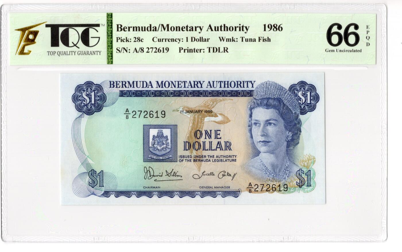 PThappally收藏第55次拍卖，英联邦地区硬币纸币 1986 百慕大 1 元 签名为J. David Gibbons& Lucelle Cook, Pick: 28c, TQG 66 EPQD  Gem UNC