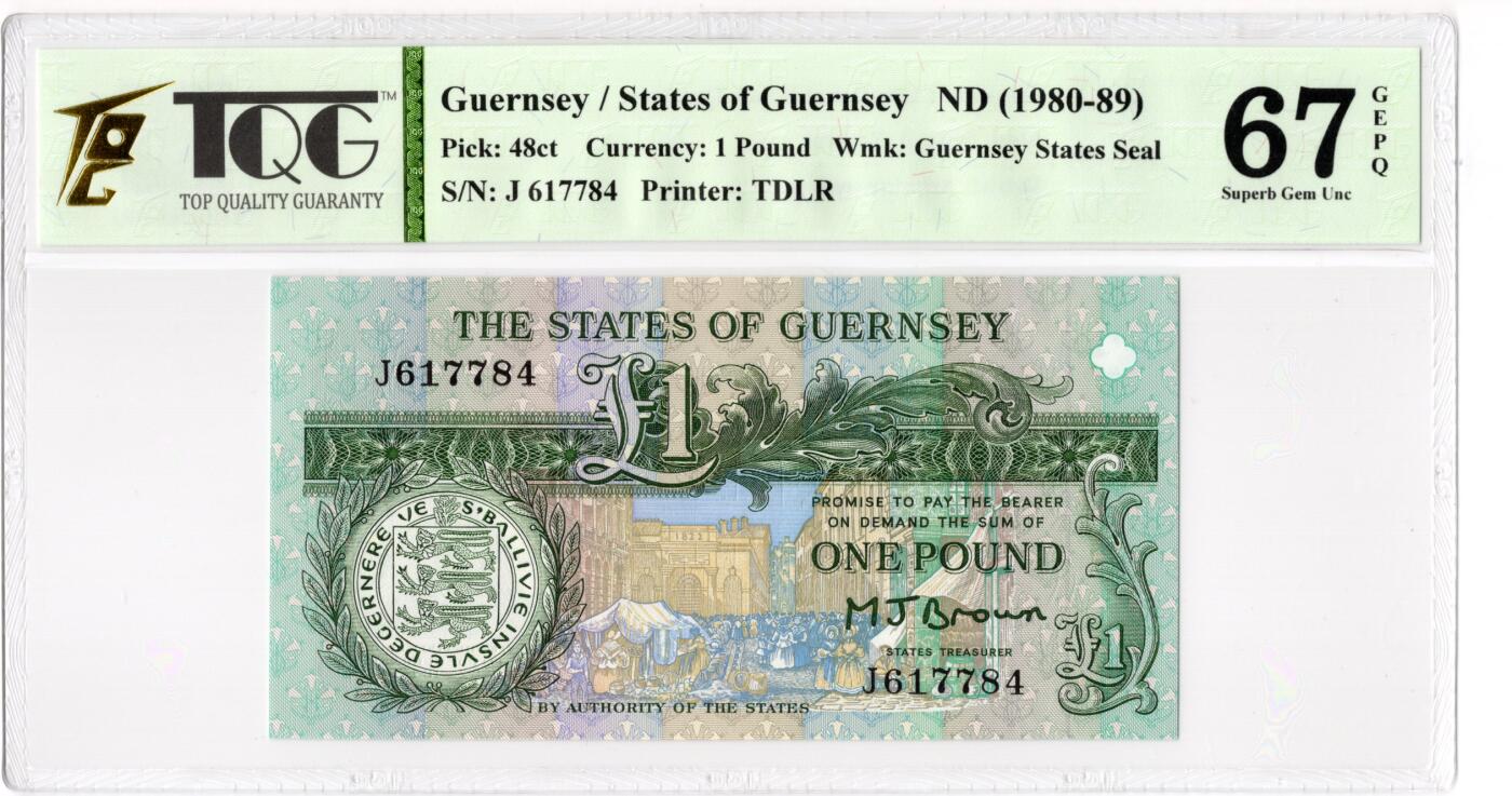 PThappally收藏第55次拍卖，英联邦地区硬币纸币 1989 根西岛 1 镑  签名为M.J Brown,  Pick:48ct, TQG 67 GEPQ Superb Gem UNC