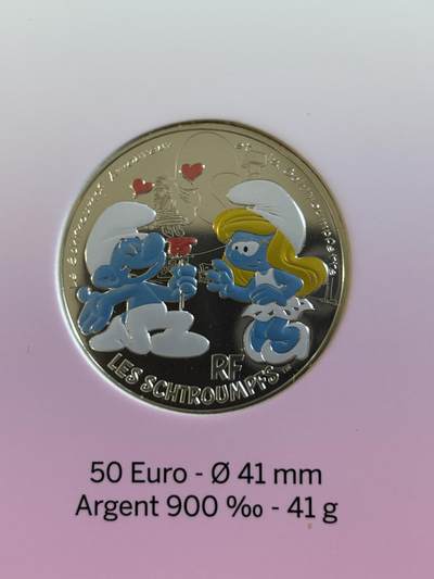 第191期拍卖 - 法国2020年童年的回忆蓝精灵系列爱情银币，900银，41克，发行20000枚