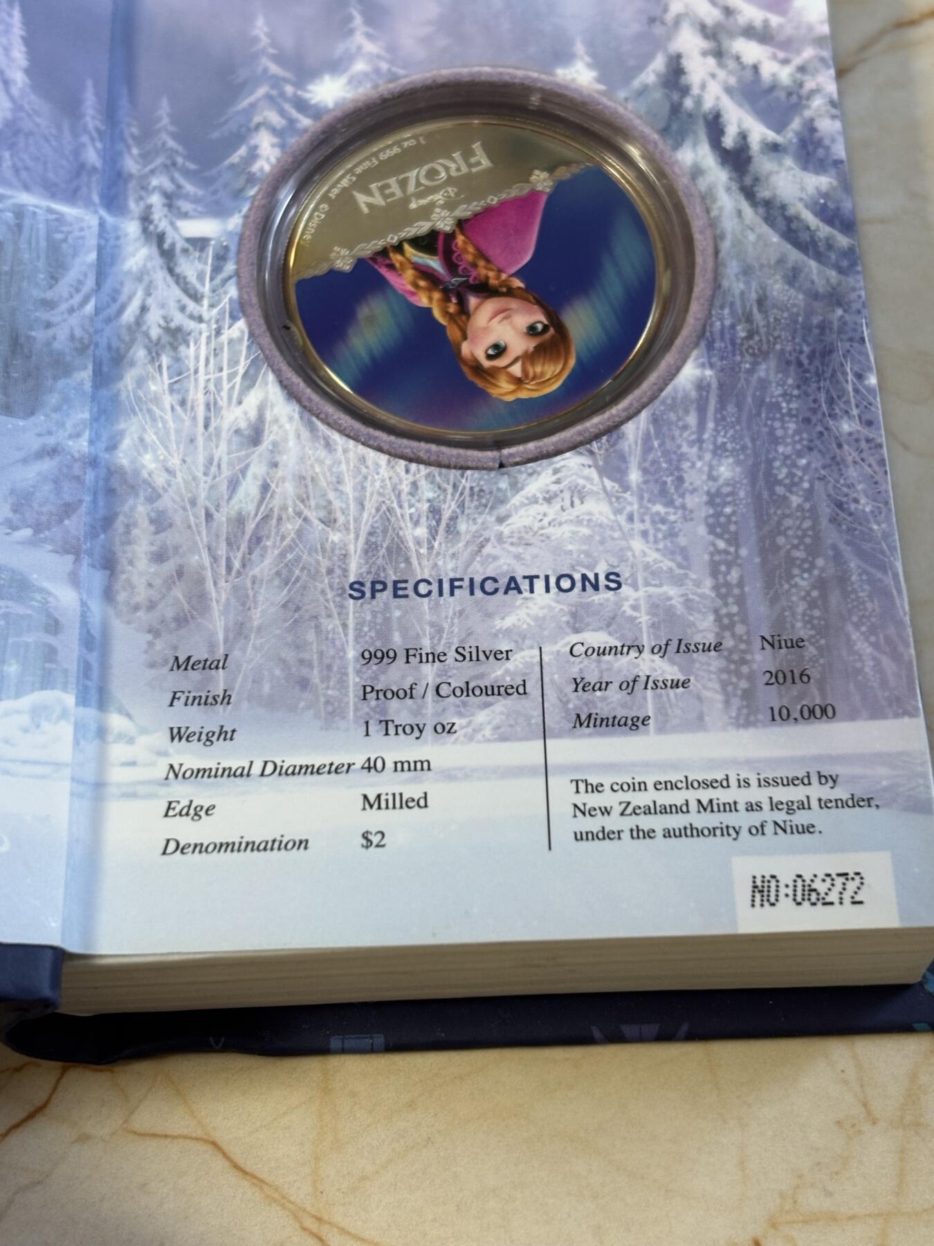 第191期拍卖 纽埃2016年迪士尼冰雪奇缘系列安娜公主纪念彩银币，999银，发行10000枚，有氧化