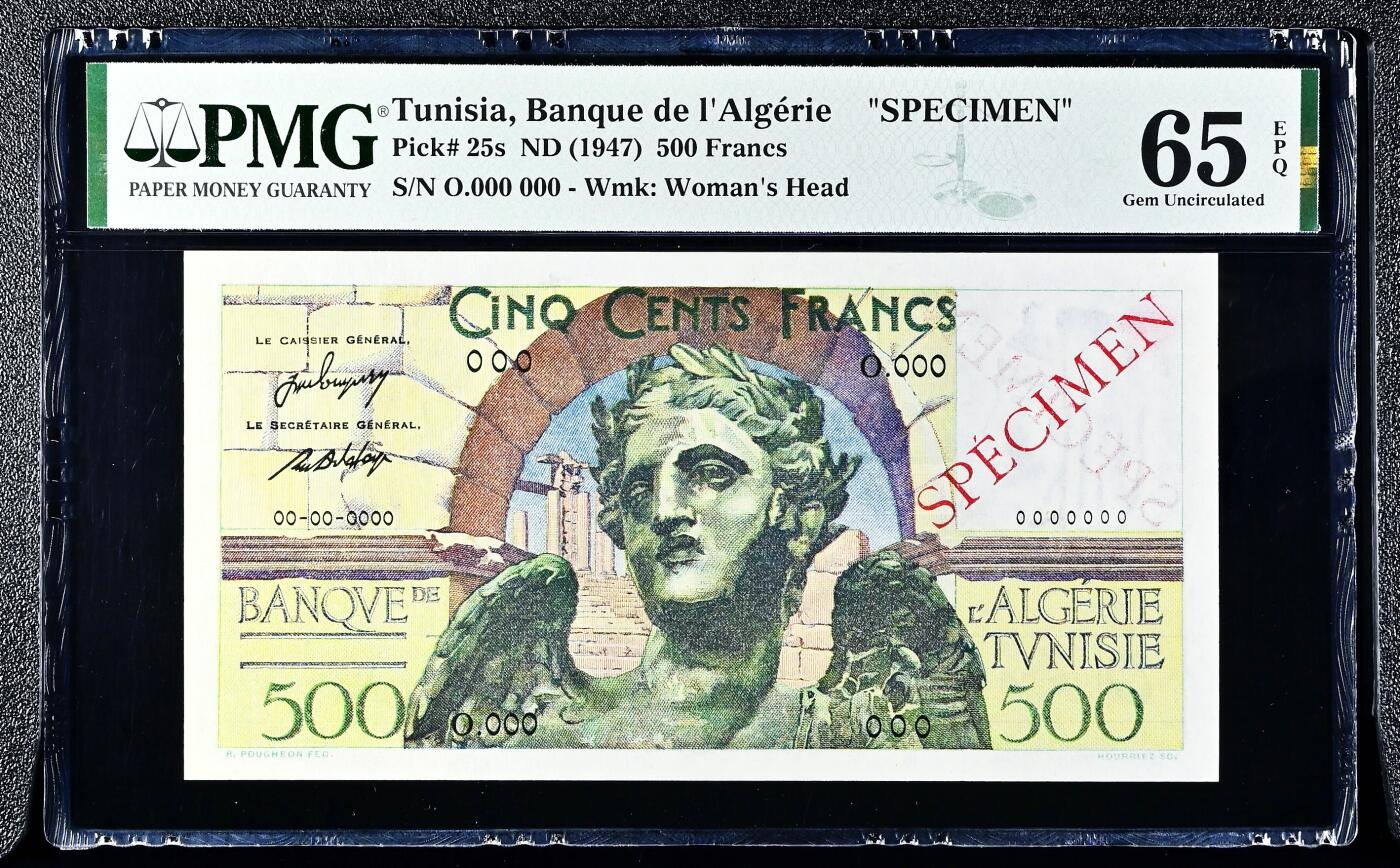 【Blue Auction】世界纸币精拍第787期——18级TOP拍卖/信誉/品质/专业/高效💫    【唯一冠军分样钞 未打孔 仅在水印处加盖小红字 主图完整非常漂亮 该套筋票罕见】突尼斯1945年500法郎 PMG65EPQ 正面带着翅膀的胜利女神 背面经典寓言 古迹 该张状态极佳 实钞冠军分仅55 不及这张的观感佳 可遇不可求的品种 仅此一张绝品的 （7年前一张有中间撕裂的62无E的拍了1200美金，跟绝品的这张不是一个概念）