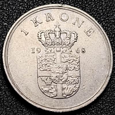 泉币菌-第192场- 除夕专场-新年快乐 本场拍品多 请提前出价（年后发货） - 丹麦1968年1克朗 皇冠 弗雷德里克九世国王 25.5mm