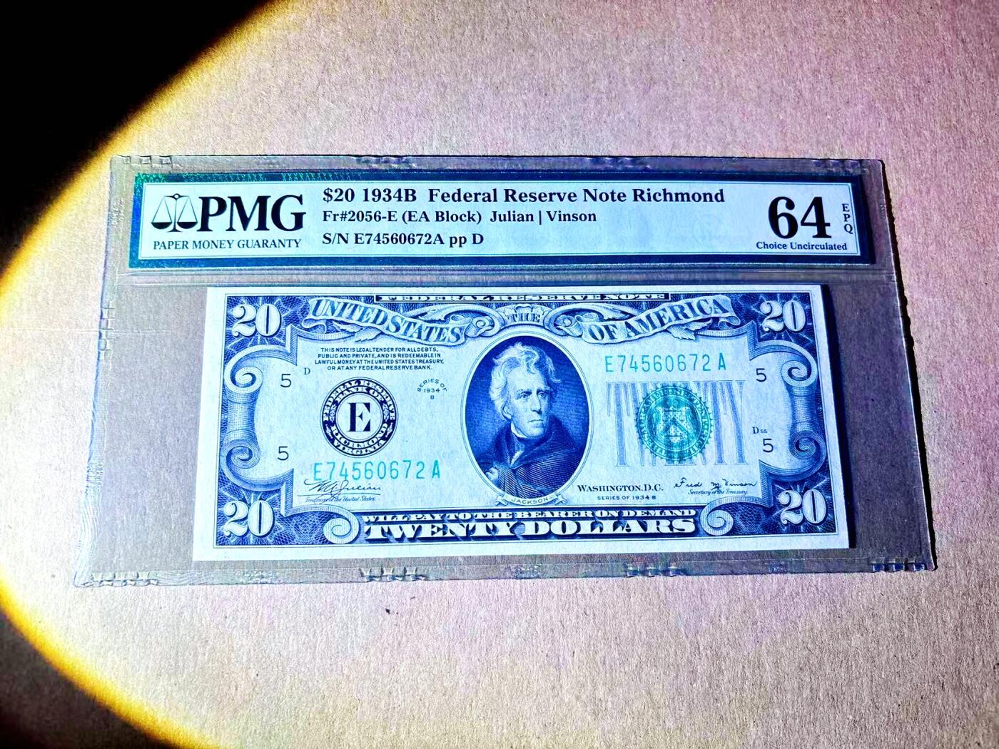 【Blue Auction】世界纸币精拍第787期——18级TOP拍卖/信誉/品质/专业/高效💫  美国 1934B 20美金 PMG64EPQ 少见里士满版