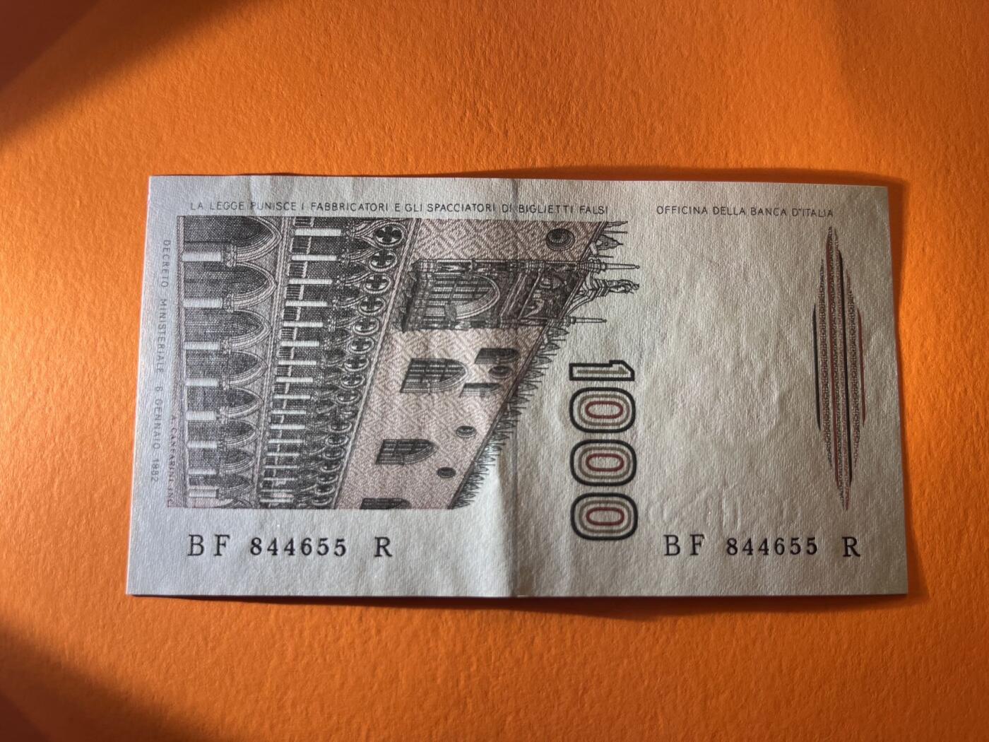 世界各国纸币拍卖 意大利1000里拉 实物图