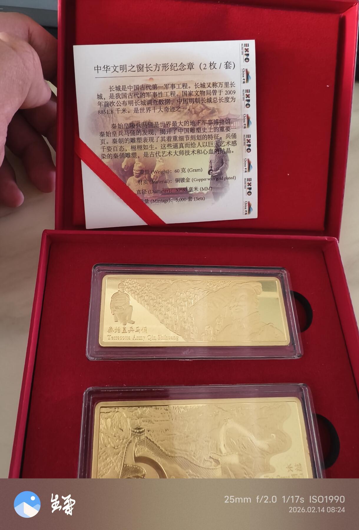 昊象达收藏银币拍卖第二场 2015意大利米兰世博会中国馆兵马俑 长城 长方形纪念章 铜镀银 60克