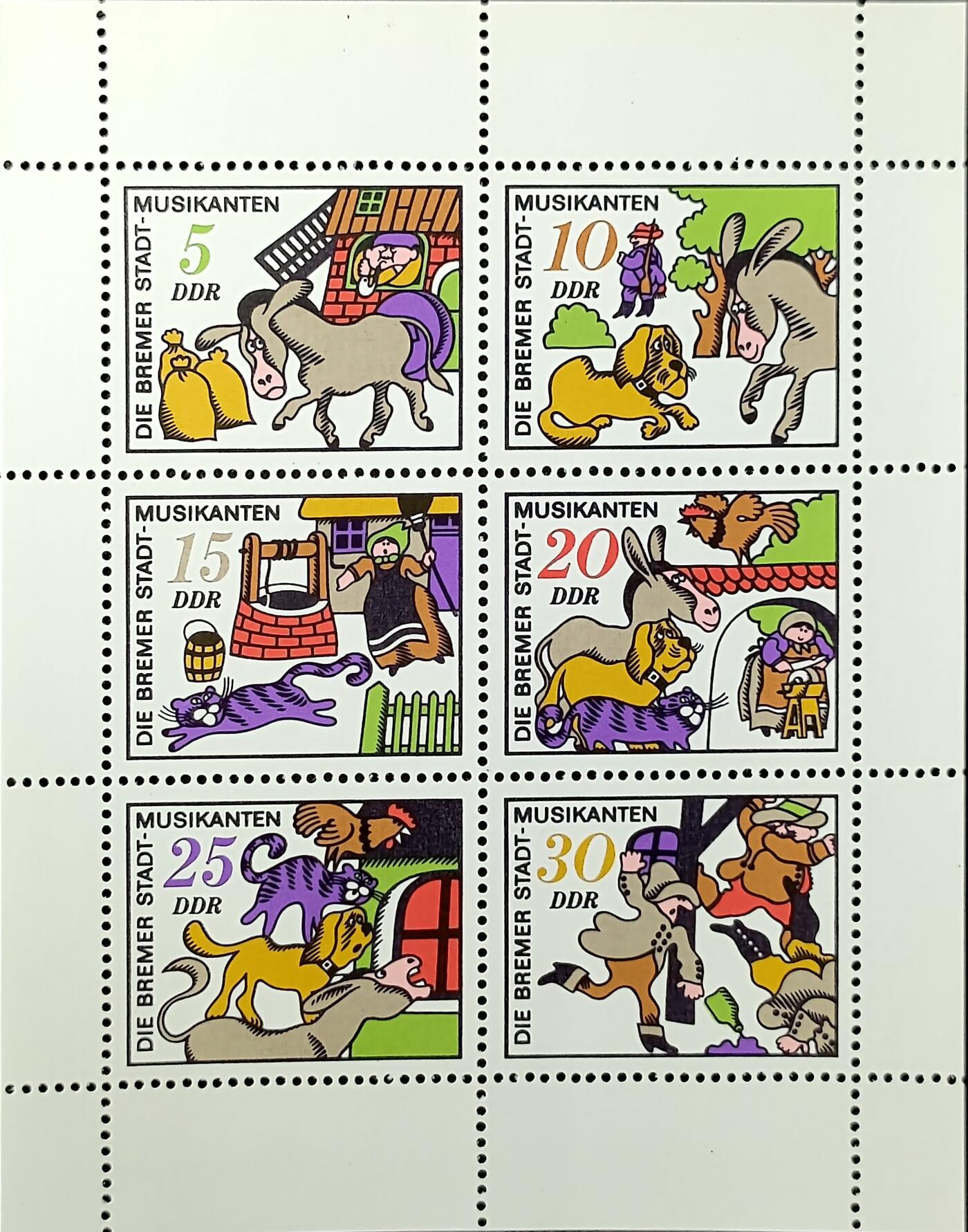 ↓君缘收藏744期☞钱币邮品↓无佣金、可寄存、满30元包邮  德国邮票东德，1971年童话(第六组):格林童话《不莱梅的城市乐手》小版张