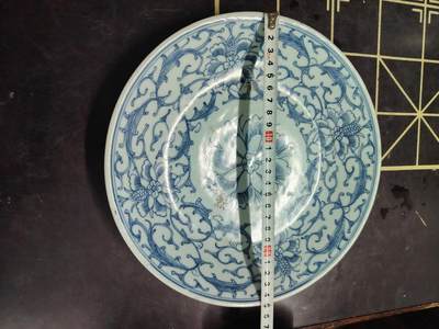 晚中清，青花缠枝花㚏纹盘， - 晚中清，青花缠枝花㚏纹盘，