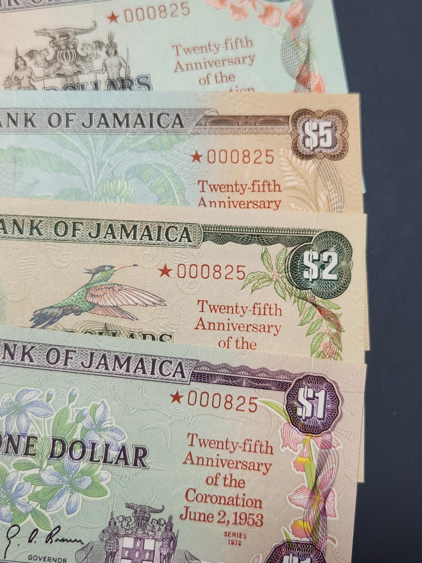 2月15号晚上8点 外国纸币自动截拍第26场 加盖版 牙买加 1978年1,2,5,10元 全同号 全新套票