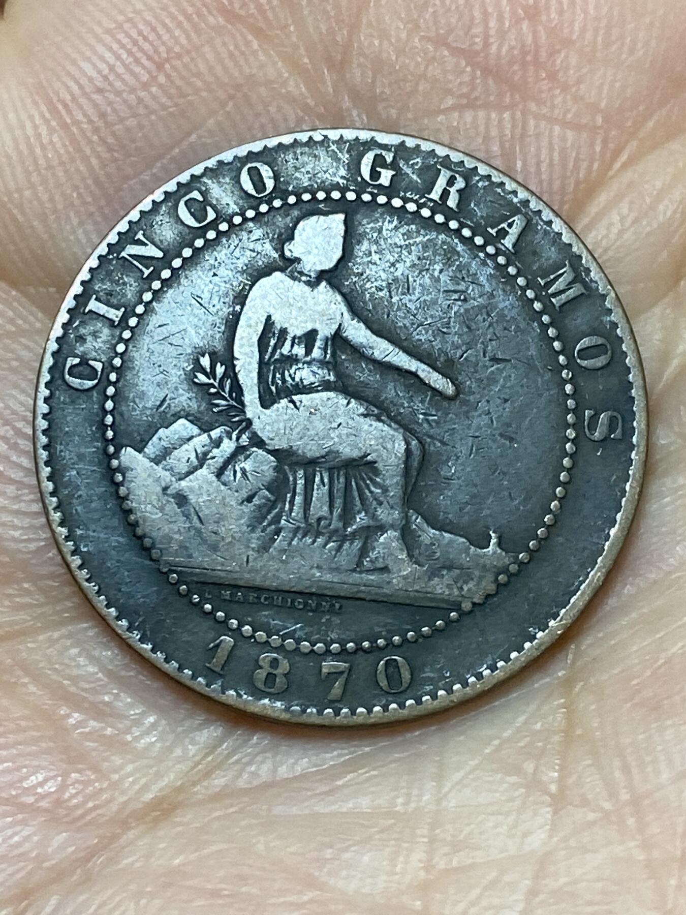 2026年第二十七场(总第一百九十六场）外国好品散币场(免佣金) 西班牙1870单年份5分(临时政府时期，八角星标巴塞罗那造)