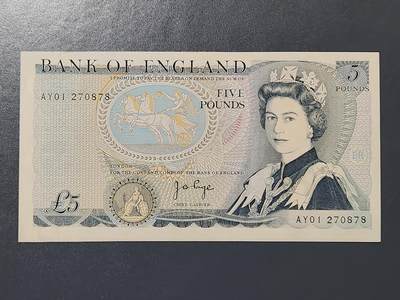 2月15号晚上8点 外国纸币自动截拍第26场 - 英國紙幣 D序列 5磅 70年代 Page簽名較早期 新品有针眼