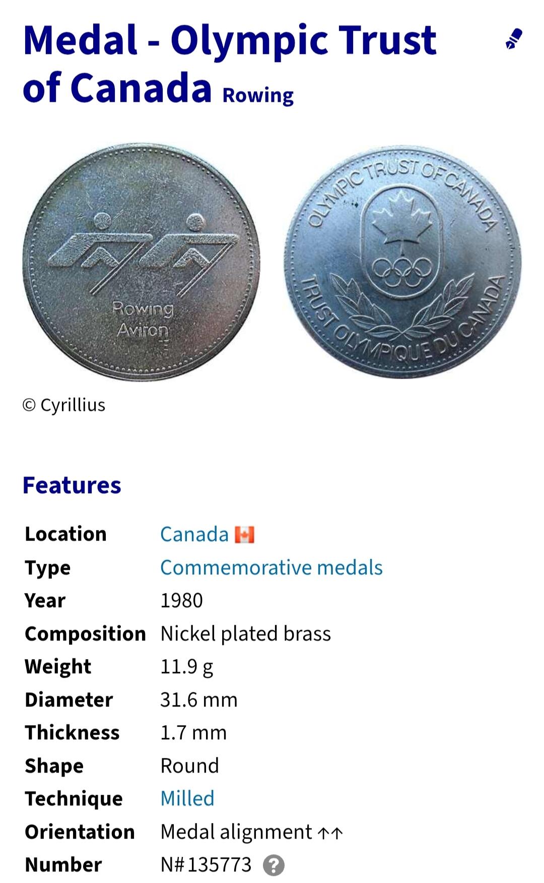 2026年第二十六场(总第一百九十五场）外国好品散币场(免佣金) 加拿大🇨🇦1980年纪念章(加拿大奥林匹克信托基金发行，赛艇比赛纪念章)