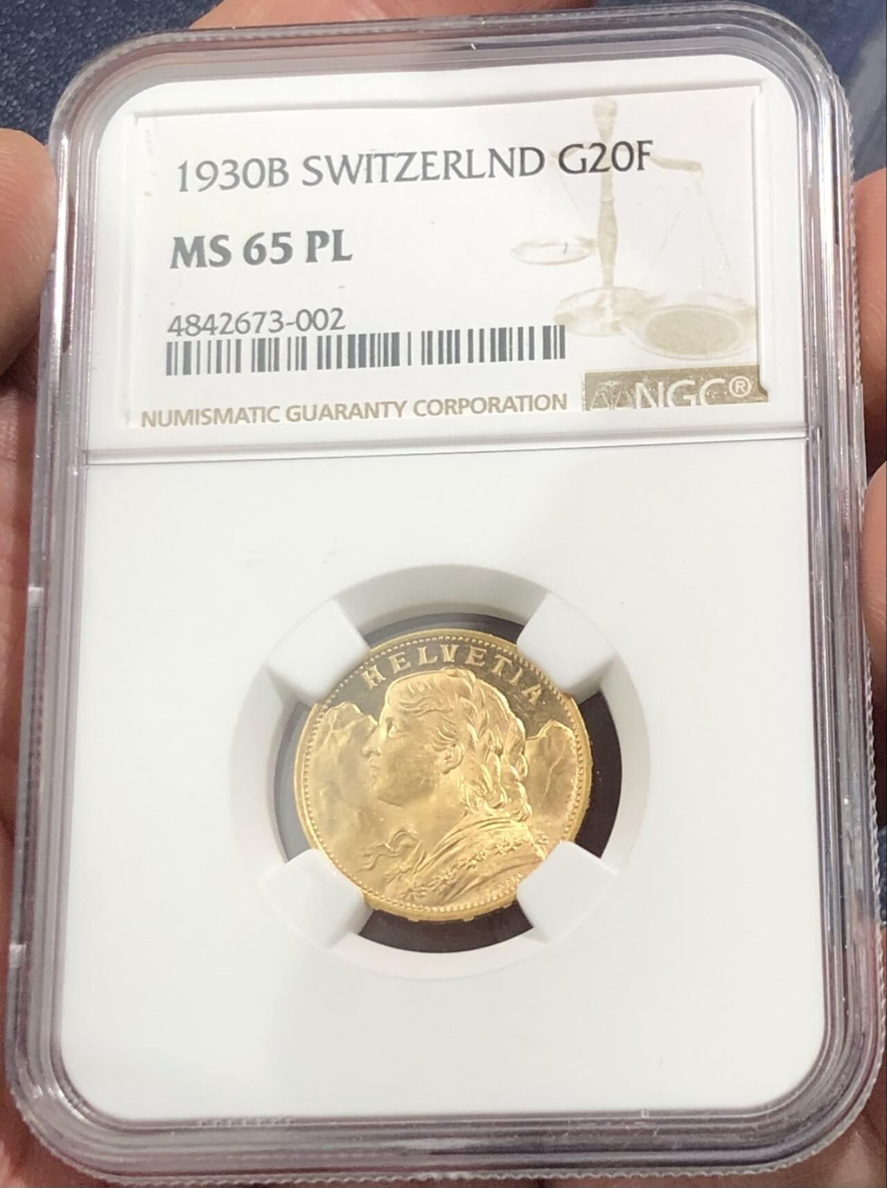 镜面PL瑞士1930年20法郎金币NGC-MS65PL