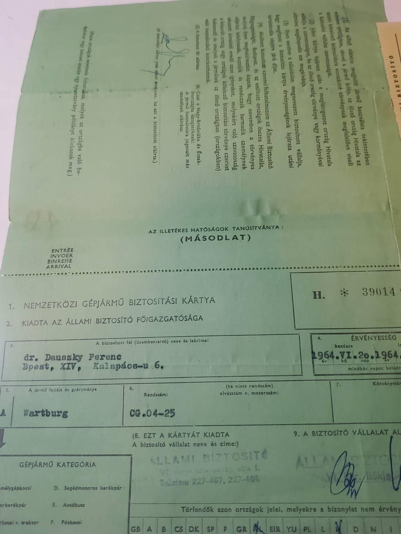 韵星假日军品类拍卖第41期 -- Rimey Holidays Militaria Auction 41 匈牙利人民共和国资深汽车协会会员Danszky Ferenc博士汽车保险 致谢函 等级页一套