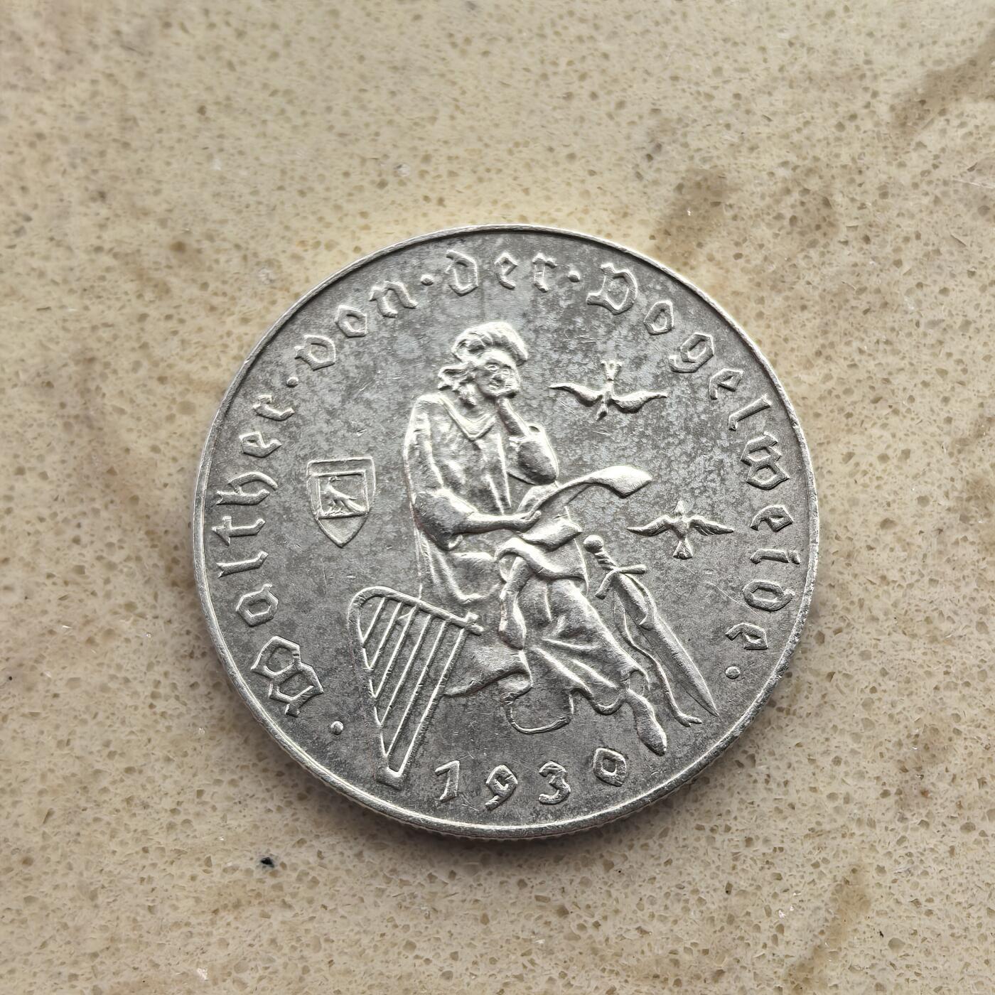 道一币馆币章第一百六十五场 奥地利1930年诗人沃格尔韦德逝世700周年2先令银币  12g 640s