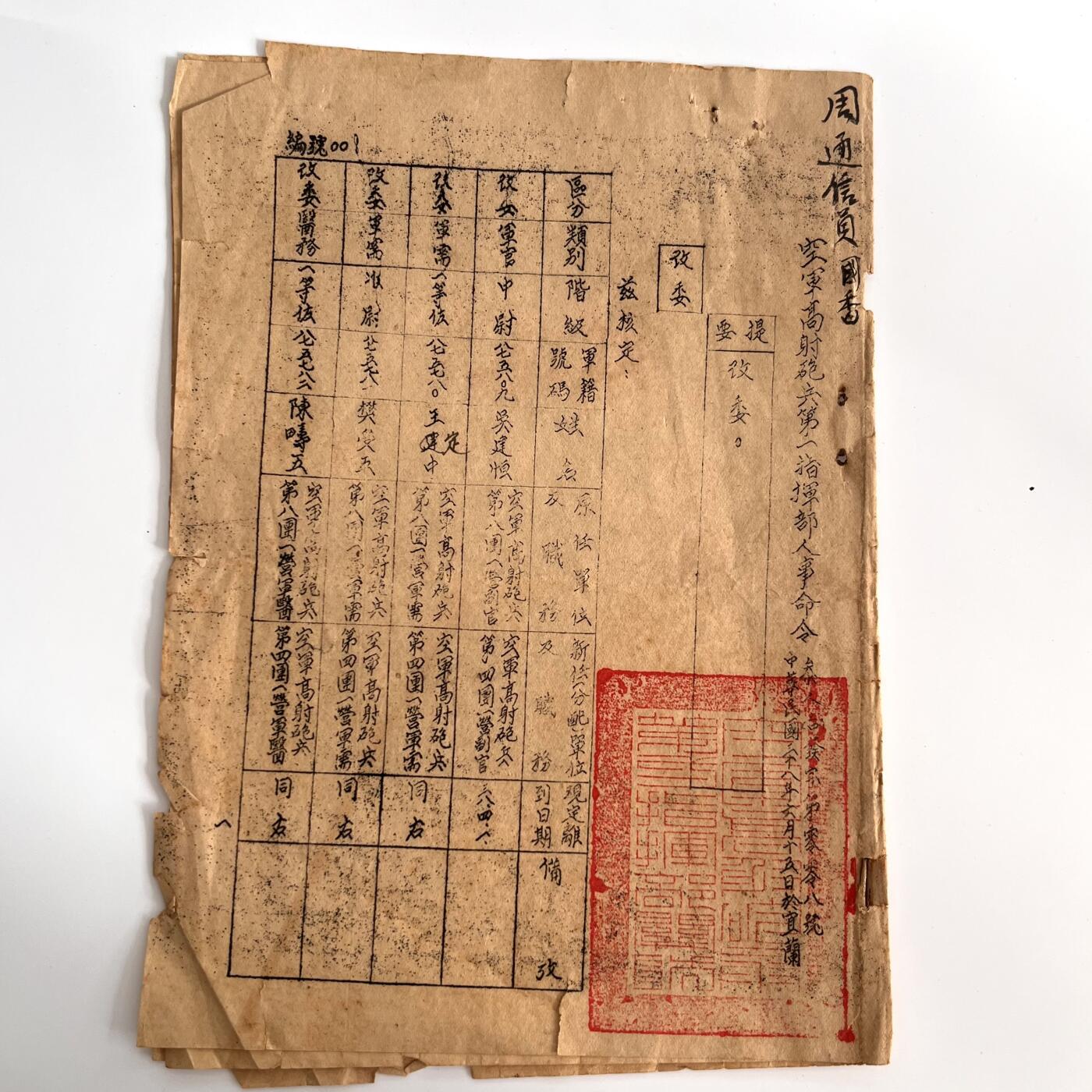 韵星假日军品类拍卖第41期 -- Rimey Holidays Militaria Auction 41 周国香旧藏，大陆时期，民国38（1949）年空军高射炮第二指挥部命令，少尉通信员