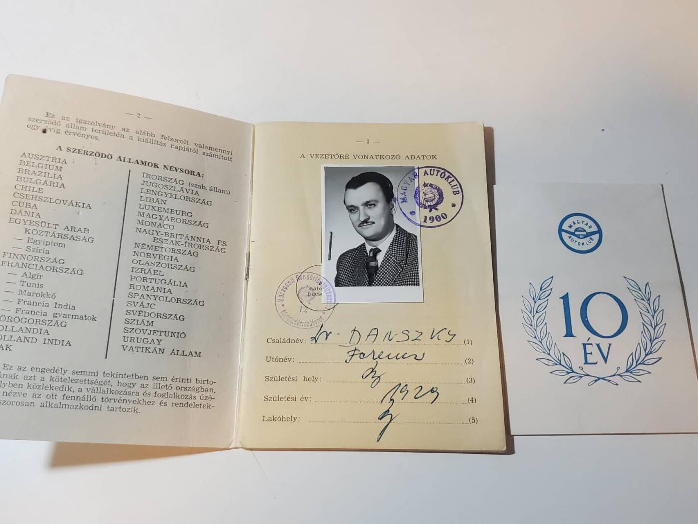 韵星假日军品类拍卖第41期 -- Rimey Holidays Militaria Auction 41 匈牙利人民共和国资深汽车协会会员Danszky Ferenc博士 汽车协会十年荣誉成员证章证书 匈牙利华约地区国际驾照一组