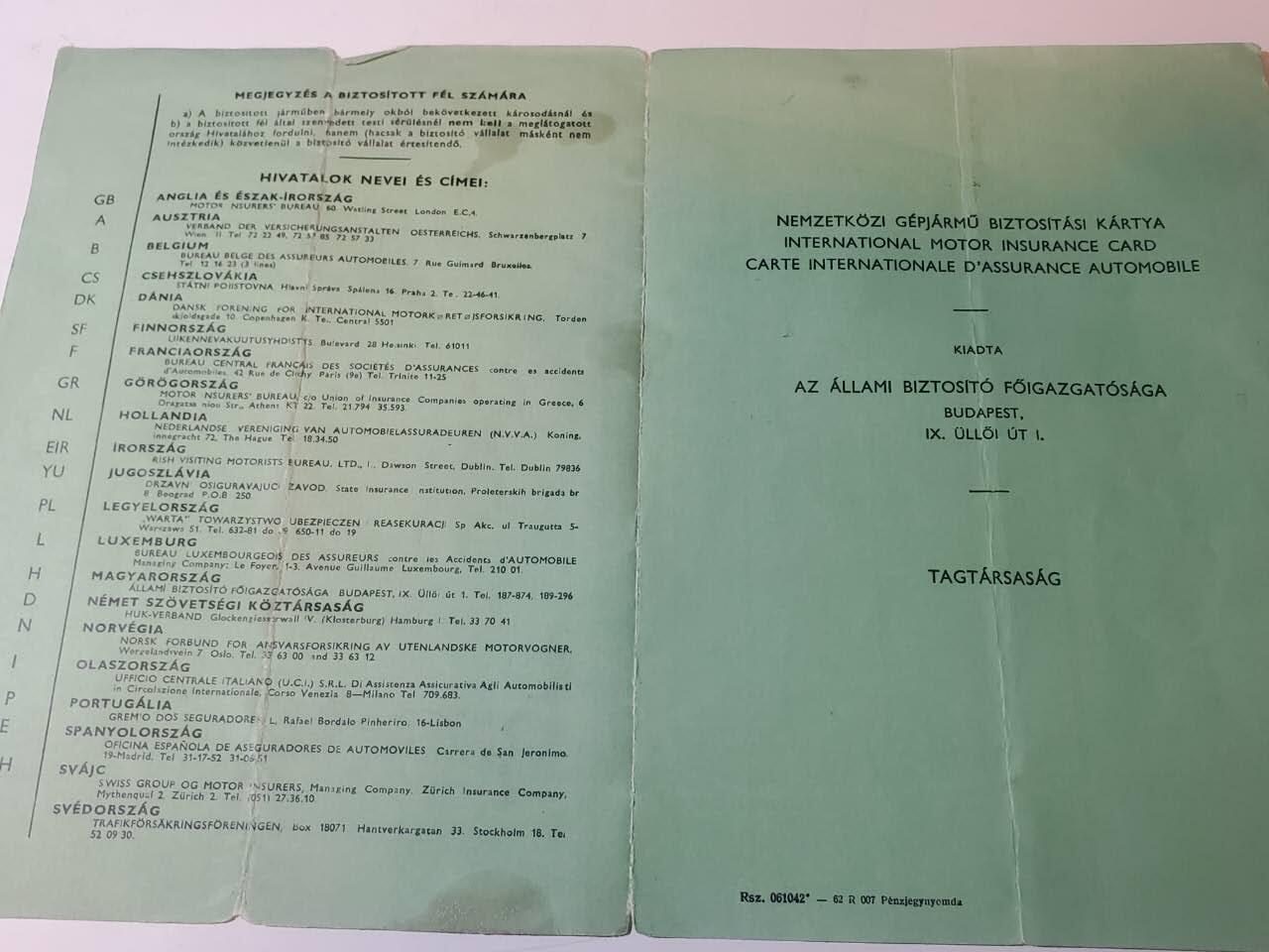 韵星假日军品类拍卖第41期 -- Rimey Holidays Militaria Auction 41 匈牙利人民共和国资深汽车协会会员Danszky Ferenc博士 汽车协会会员证书兼证章证书 保险一套