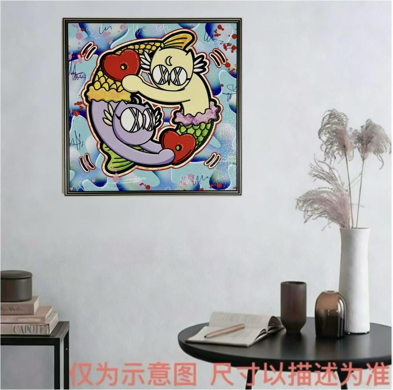 零元拍：歪歪 OWSON 系列作品装饰肌理画《十二星座-双鱼座》，相框尺寸35/35CM。因展品出展，镜框可能有轻微划痕，介意勿拍
