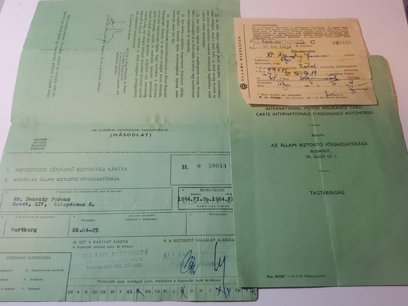 韵星假日军品类拍卖第41期 -- Rimey Holidays Militaria Auction 41 匈牙利人民共和国资深汽车协会会员Danszky Ferenc博士汽车保险 致谢函 等级页一套