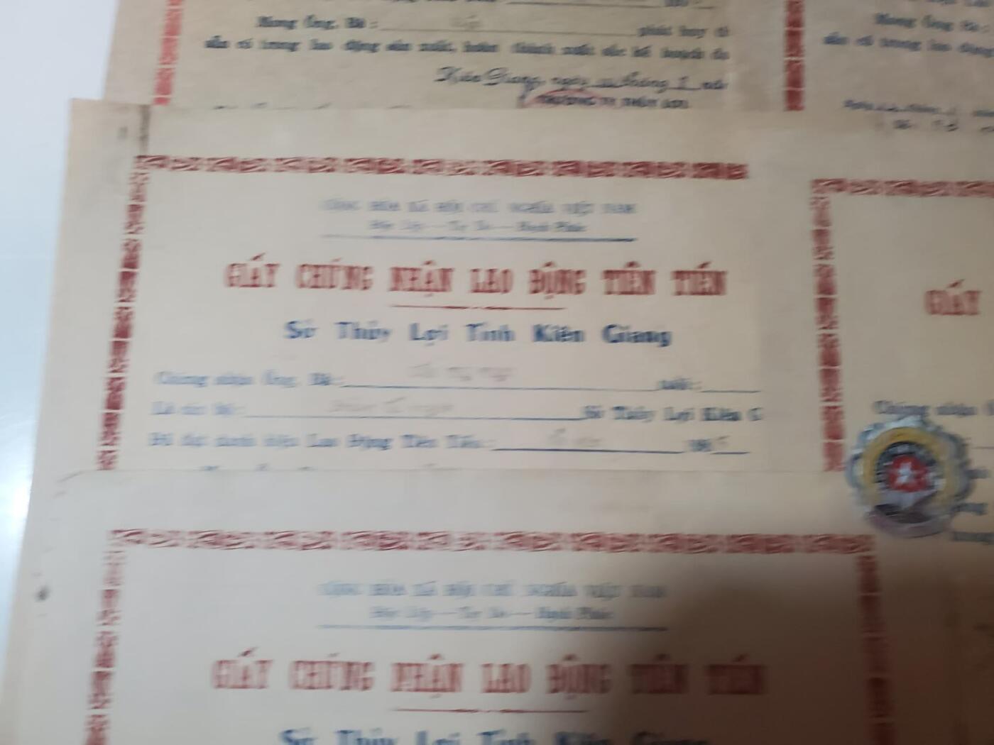 韵星假日军品类拍卖第41期 -- Rimey Holidays Militaria Auction 41 越南阮富桥局长先进劳动个人集体奖状6张 好人好事证章