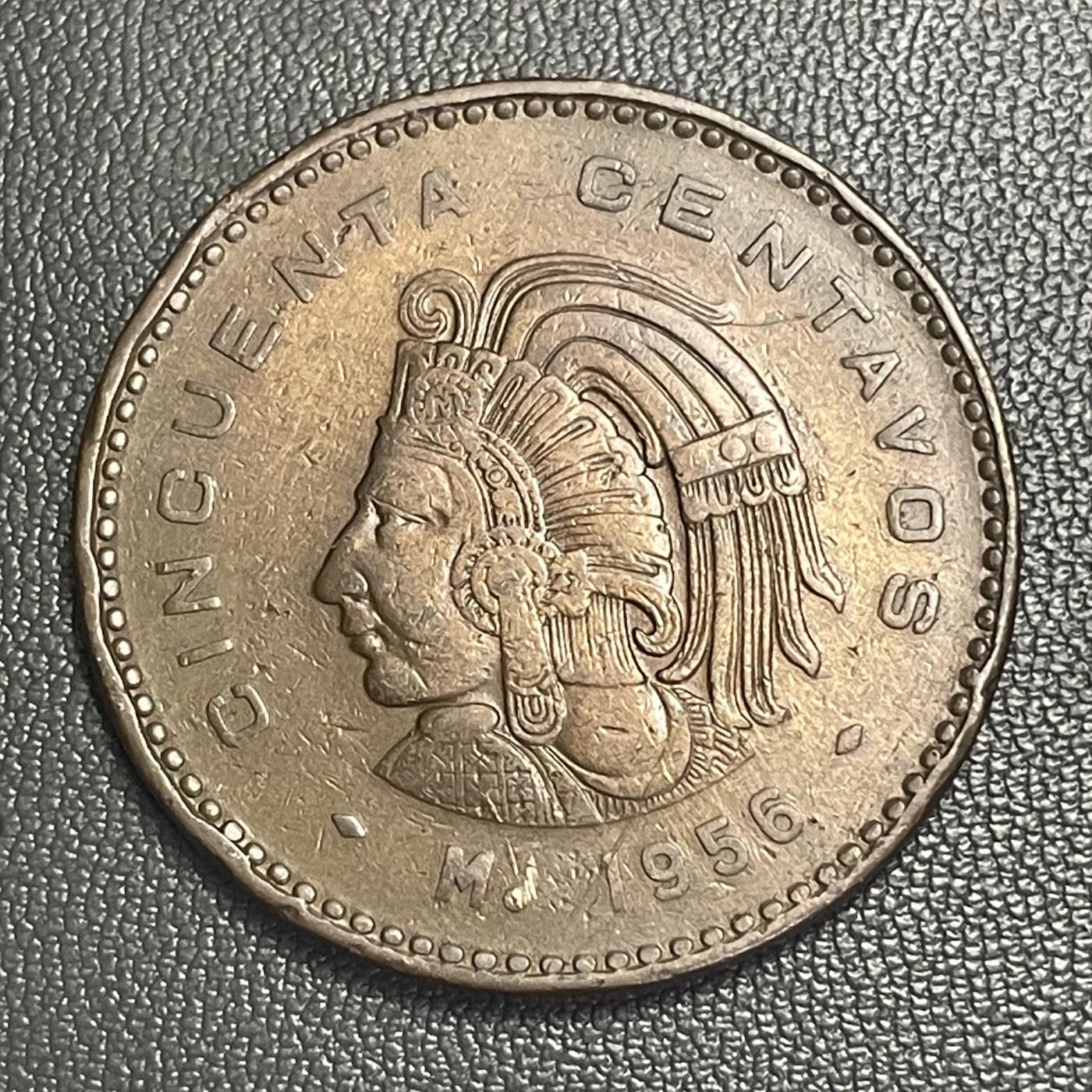 回流0301 墨西哥合众国1956年50分大铜币 阿兹特克帝国末代君主夸乌特莫克