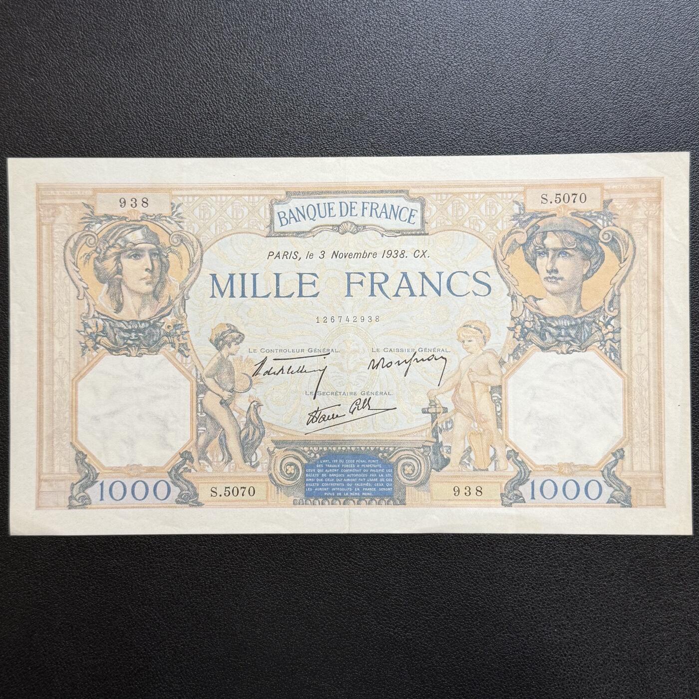 ＜星葵🌻钱币社＞非全新纸币场第70期·3月1日发货 法国1938年1000法郎大型纸币