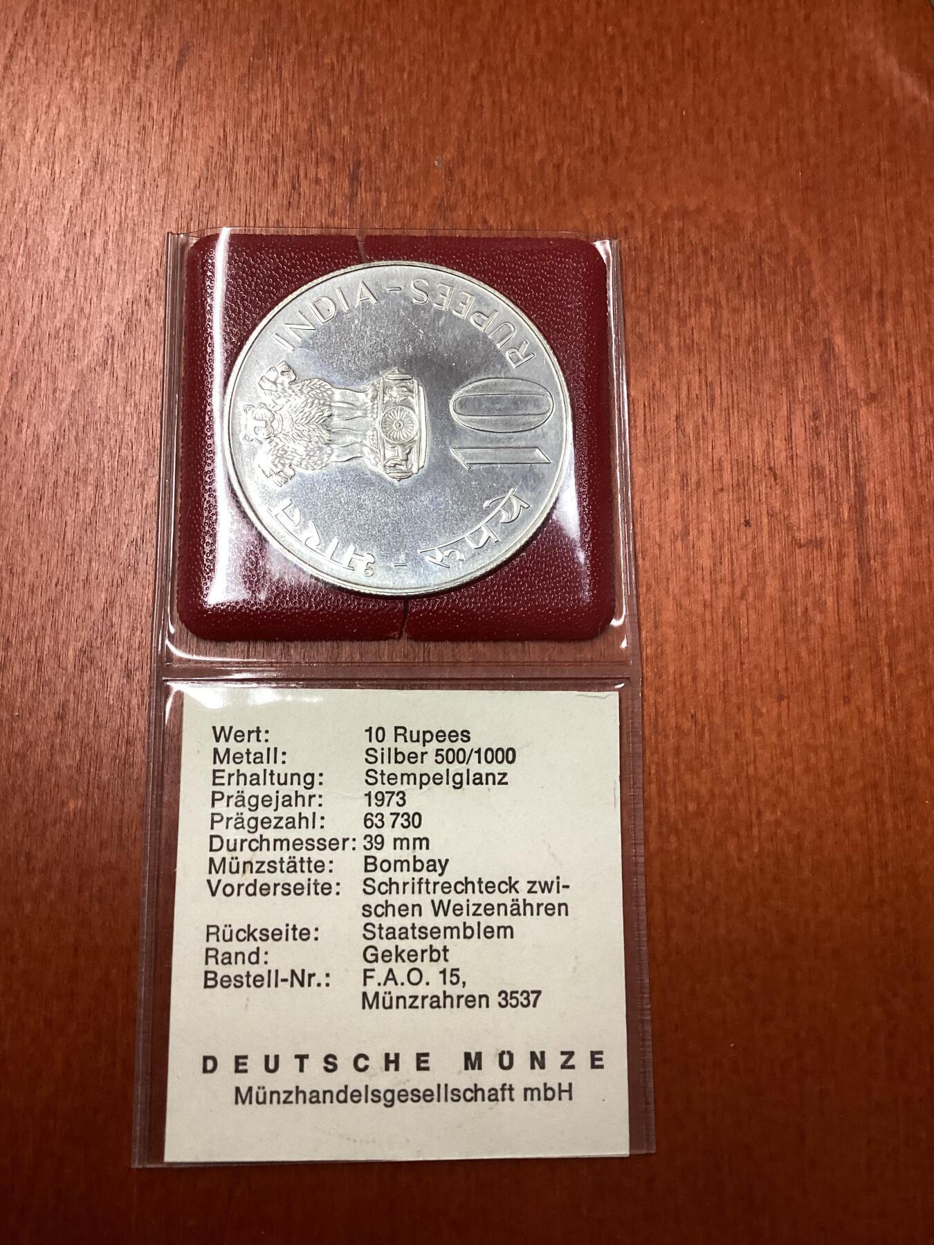 长老汇马年精选第一场拍卖 1973印度FAO10卢比银币，带说明纸，6.4万枚，22.5克500银