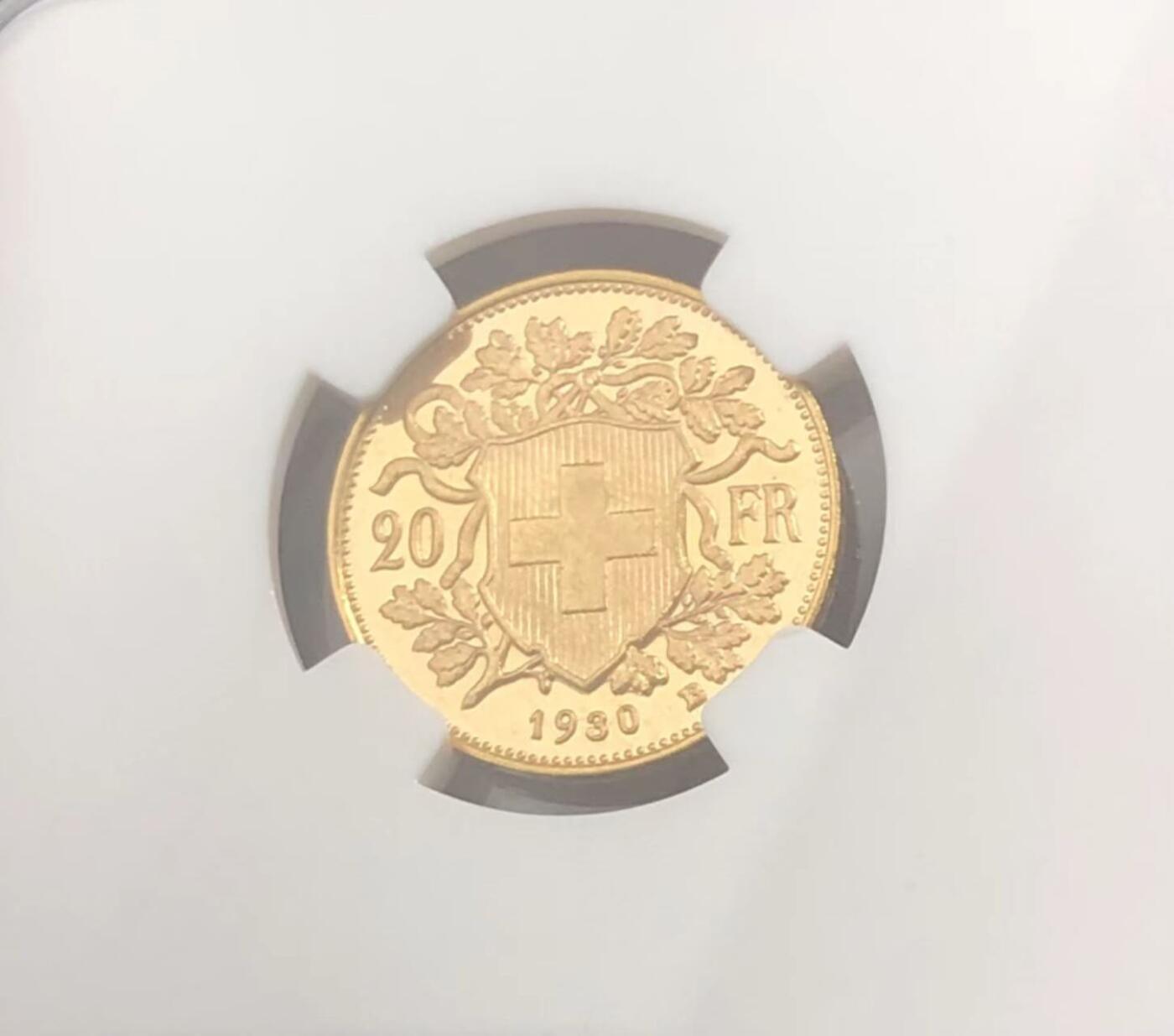 镜面PL瑞士1930年20法郎金币NGC-MS65PL