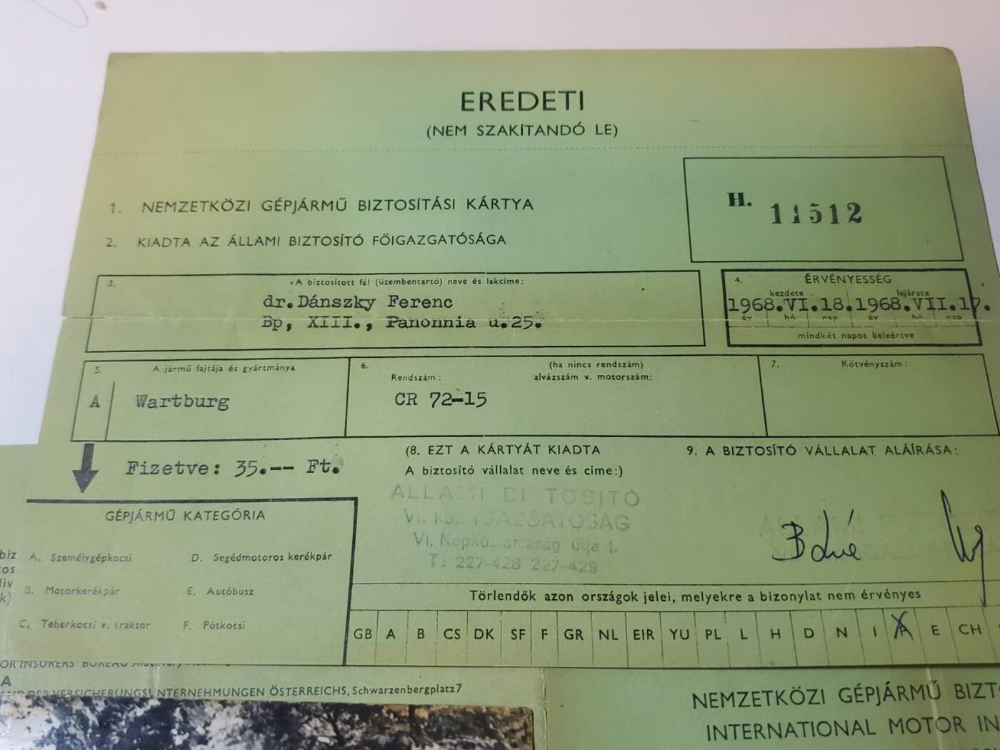 韵星假日军品类拍卖第41期 -- Rimey Holidays Militaria Auction 41 匈牙利人民共和国资深汽车协会会员Danszky Ferenc博士 登记册 保险单 家庭照片一组