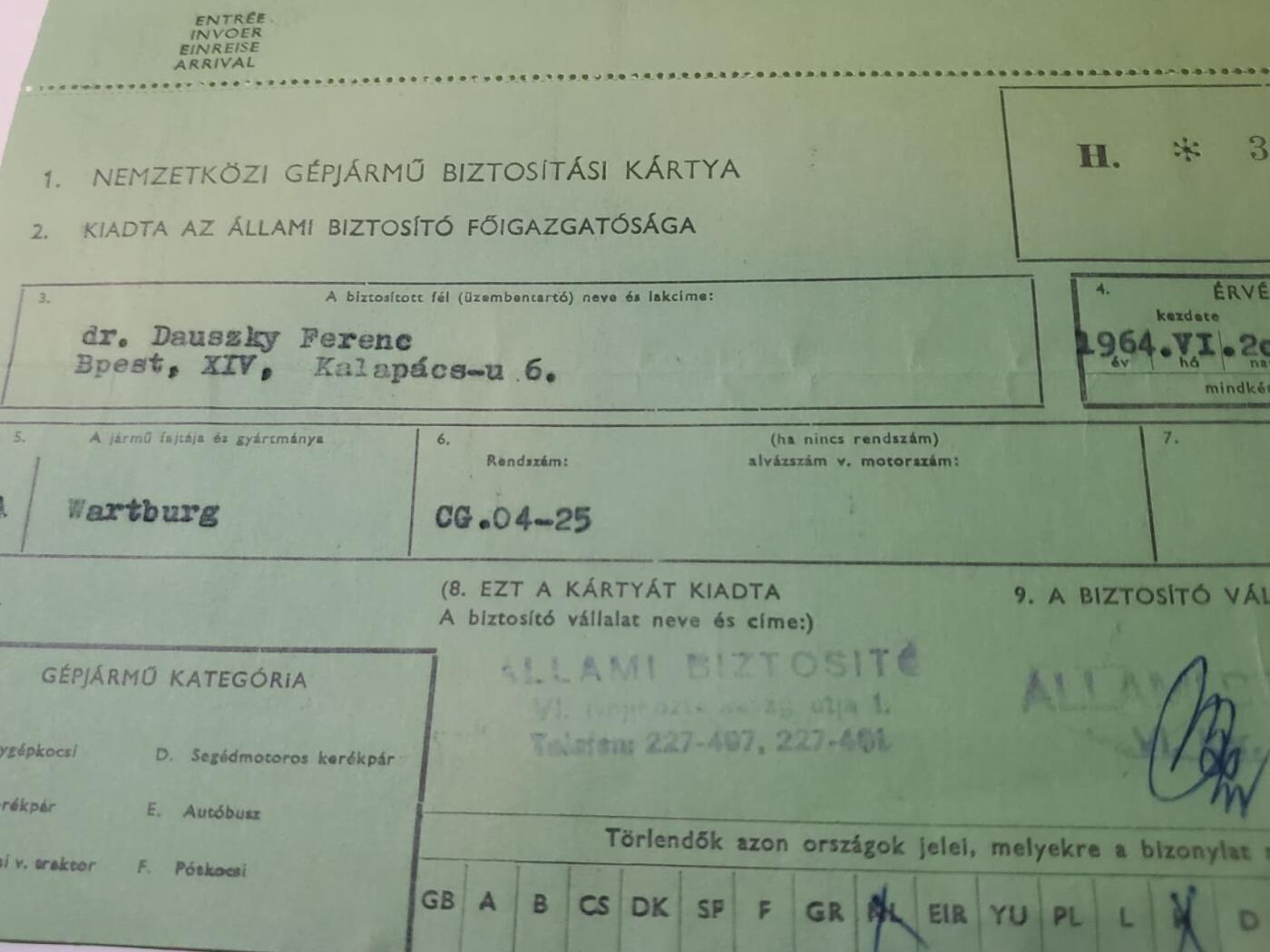 韵星假日军品类拍卖第41期 -- Rimey Holidays Militaria Auction 41 匈牙利人民共和国资深汽车协会会员Danszky Ferenc博士汽车保险 致谢函 等级页一套