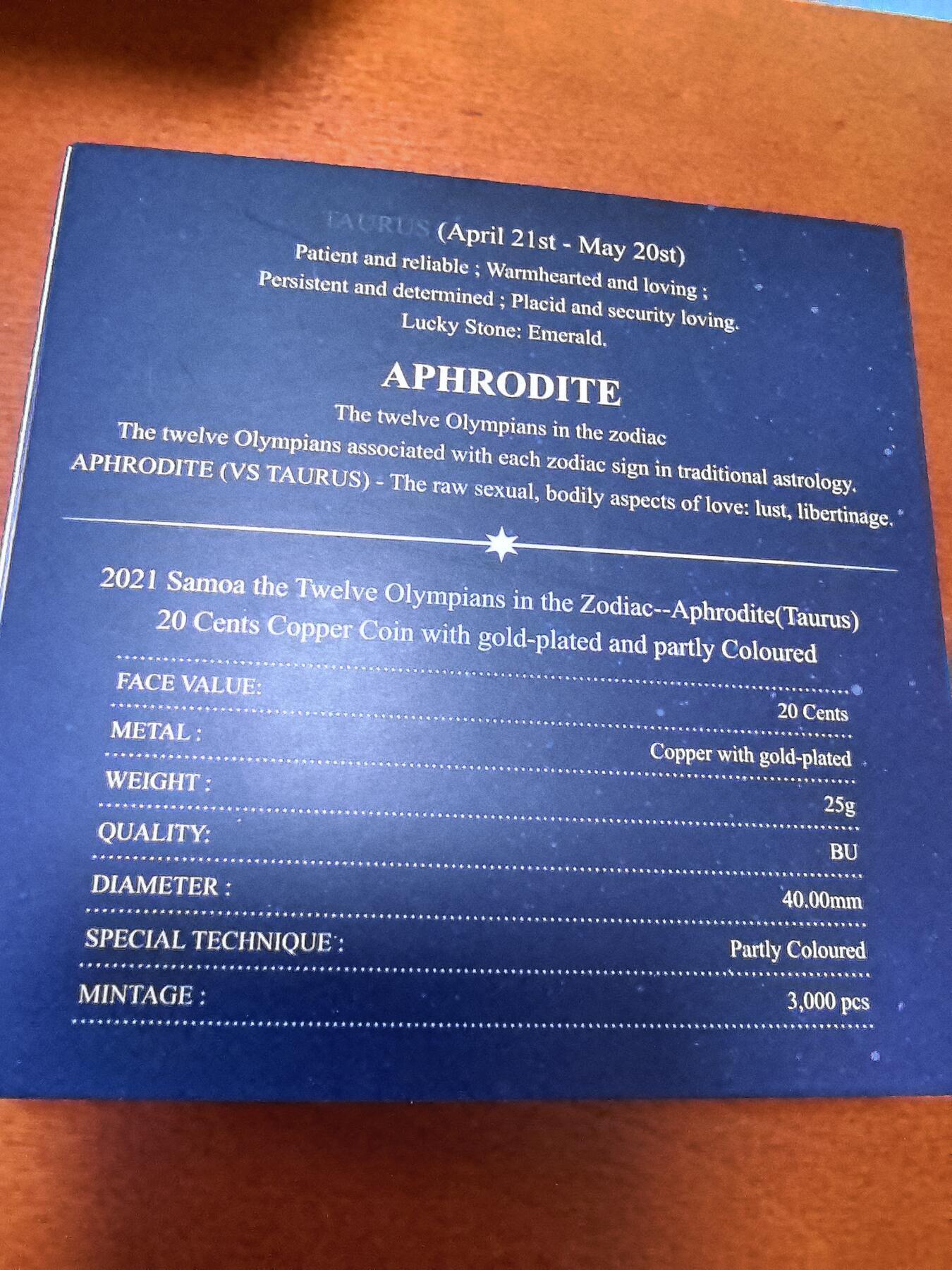 长老汇马年精选第一场拍卖  2021萨摩亚金牛座阿芙洛狄忒20分铜镀金币，盒证全，3000枚