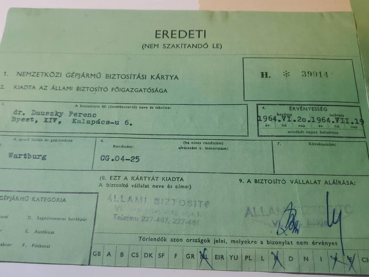 韵星假日军品类拍卖第41期 -- Rimey Holidays Militaria Auction 41 匈牙利人民共和国资深汽车协会会员Danszky Ferenc博士汽车保险 致谢函 等级页一套