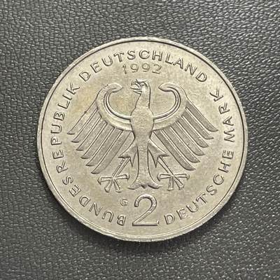 回流0301 -  联邦德国（西德）1992年2马克纪念币 库尔特·舒马赫 G版（卡尔斯鲁厄造币厂）