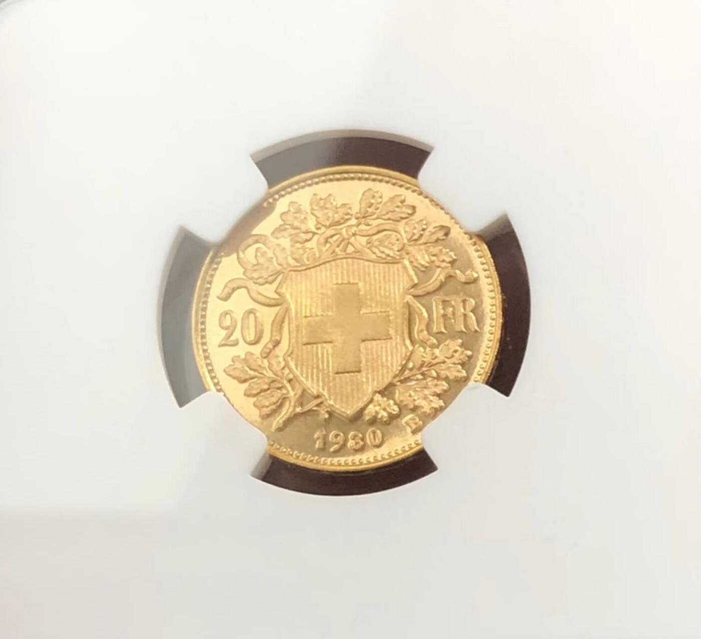 镜面PL瑞士1930年20法郎金币NGC-MS65PL