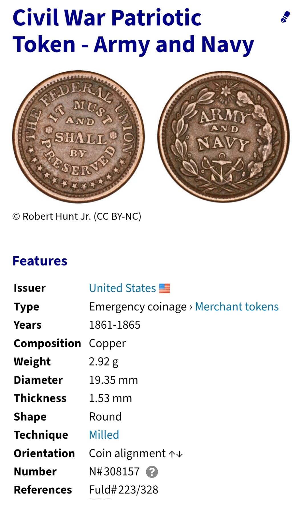 2026年第二十七场(总第一百九十六场）外国好品散币场(免佣金) 稀少打孔–美国🇺🇸1861–1865年陆军与海军联邦爱国代币(美国南北战争时期，铭文:联邦联盟必须且必将被维护)