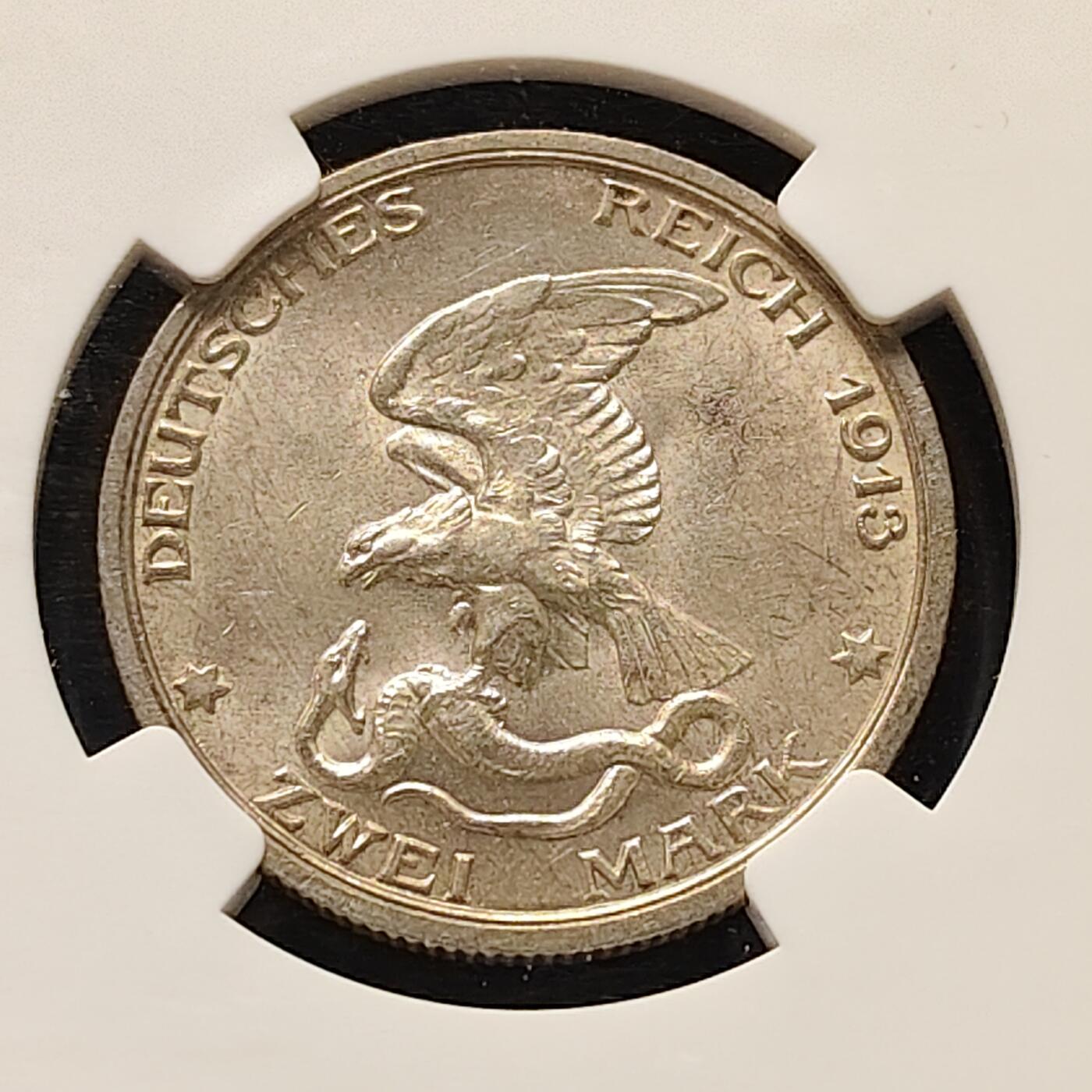 【全场包邮】纯粹捡漏拍505场 德国普鲁士1913年2马克普法战争胜利100周年纪念银币-NGC MS63