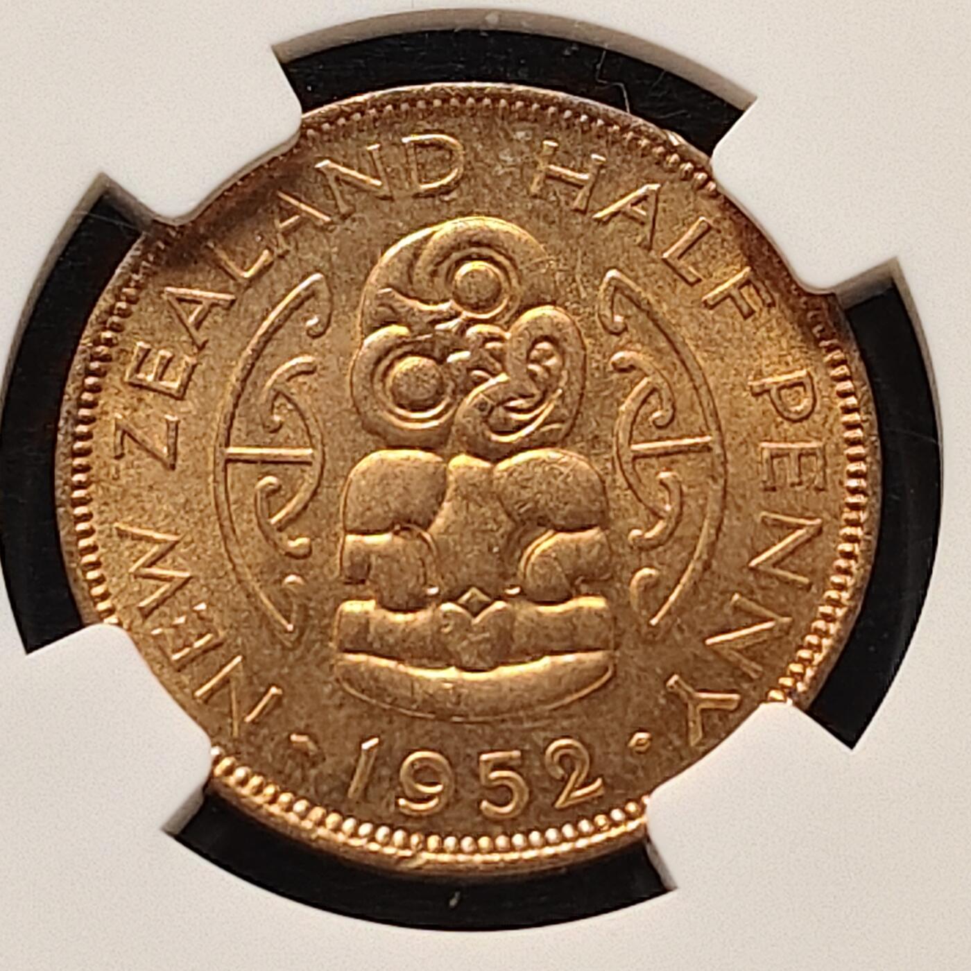 【全场包邮】纯粹捡漏拍505场 【收藏级·亚军分】新西兰1952年乔治六世1/2分铜币-NGC MS65 RD