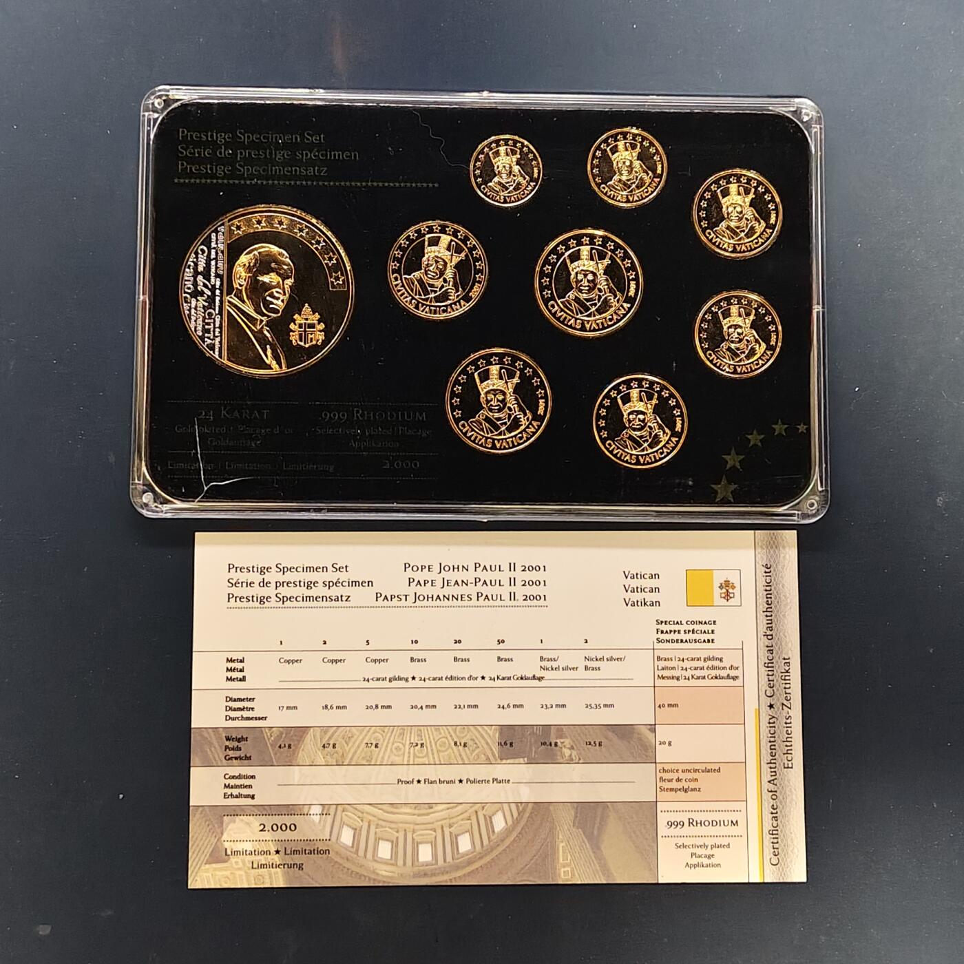 【全场包邮】纯粹捡漏拍505场 【样币·稀少】梵蒂冈2001年约翰·保罗二世特别版欧元精制镀金样币-含镀金局部镀铑纪念章-盒证全-量2000