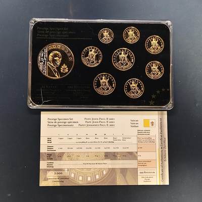 【全场包邮】纯粹捡漏拍505场 - 【样币·稀少】梵蒂冈2001年约翰·保罗二世特别版欧元精制镀金样币-含镀金局部镀铑纪念章-盒证全-量2000