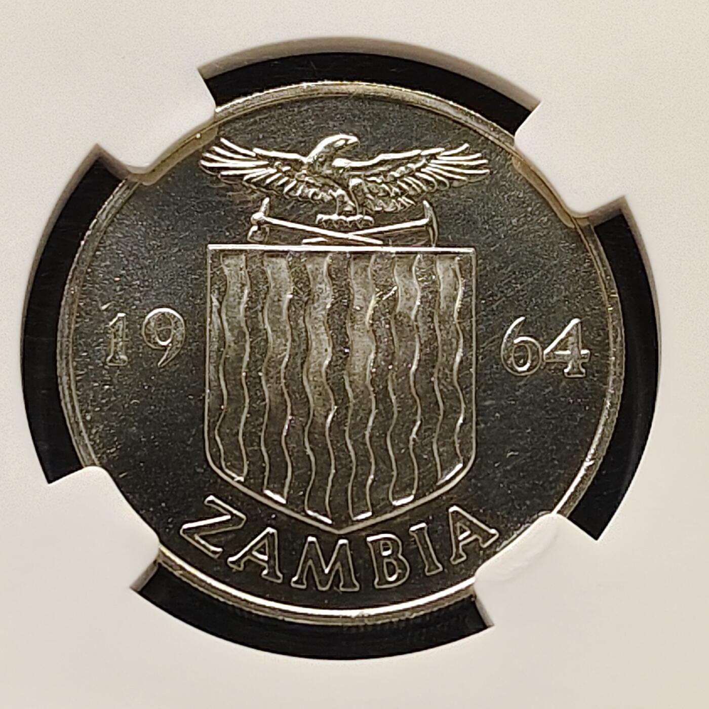 【全场包邮】纯粹捡漏拍505场 【收藏级·冠军分】赞比亚1964年独立首版流通币2先令精制币-NGC PF67 CAMEO
